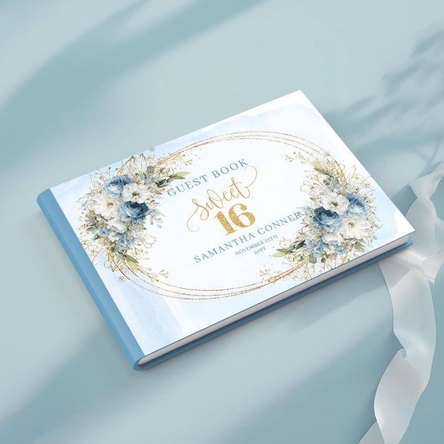 Libro de invitados de dulces 16 con polvo azul bot (Botanical Dusty Blue Greenery Sweet 16th Guest Book)