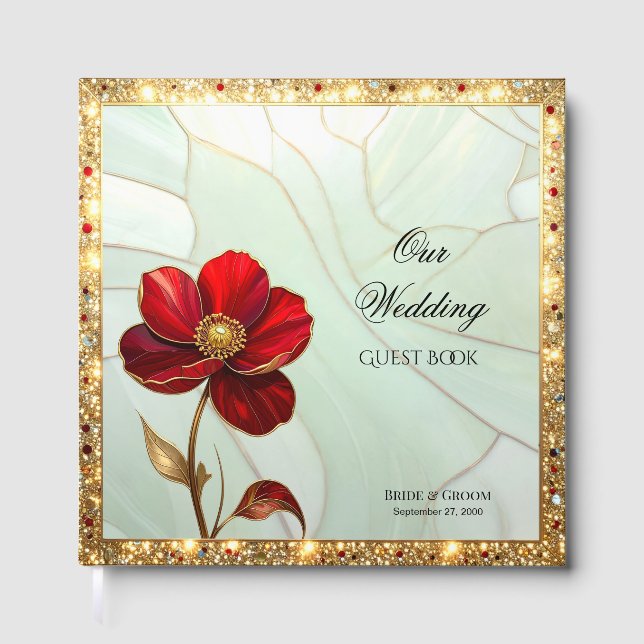 Libro de invitados de Flor Roja de Vidrio Emplomad (Anverso)