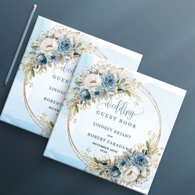 Libro de invitados de flores azules acuarela boho  (Boho Watercolor Blue Flowers Gold Guest Book)