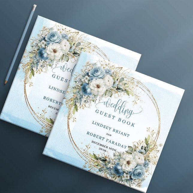 Libro de invitados de flores azules claras bohemio (Bohemian Light Blue Floral Gold Glitter Guest Book

)