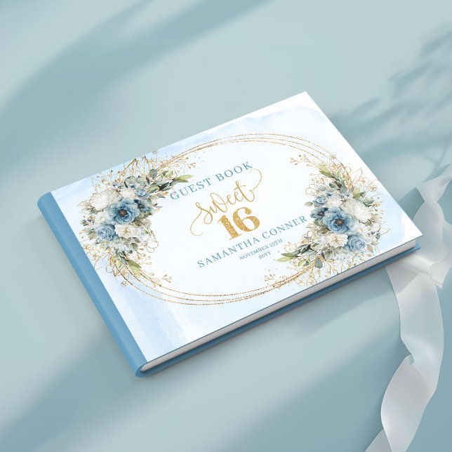 Libro de invitados de flores azules polvorientas e (Graceful Dusty Blue Floral Sweet 16th Guest Book)