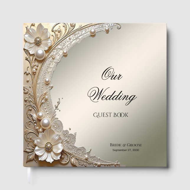 Libro de invitados de flores blancas perlas modern (Anverso)
