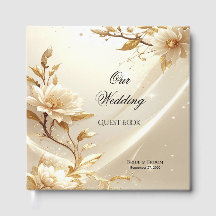 Libro de invitados de flores blancas y doradas