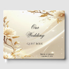 Libro de invitados de flores blancas y doradas