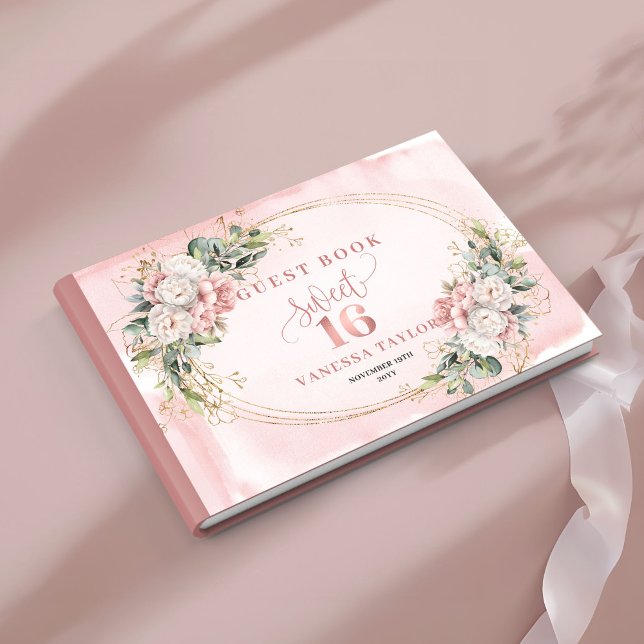 Libro de invitados de flores bohemias elegantes y  (Elegant Bohemian Pink Flowers Greenery Guest Book)
