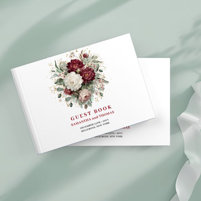 Libro de invitados de flores de Marsala con eucali (Designer Marsala Floral Eucalyptus Gold Guest Book)