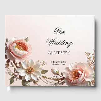 Libro de invitados de flores decorativas rosadas y
