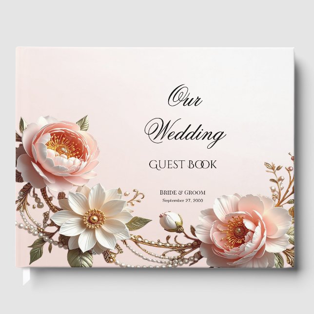 Libro de invitados de flores decorativas rosadas y (Anverso)