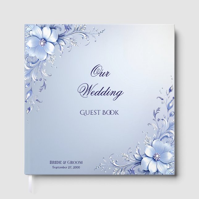 Libro de invitados de flores ornamentadas azules c (Anverso)