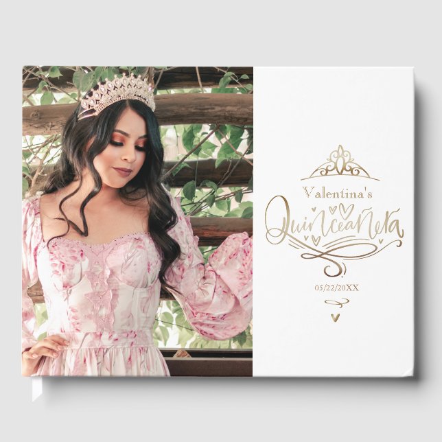 Libro de invitados de foto en blanco y oro para Qu (Anverso)
