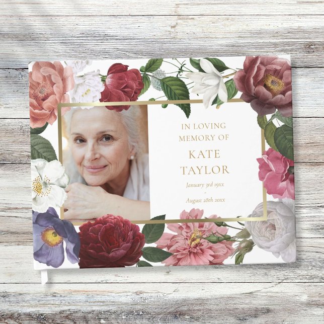 Libro de invitados de fotos conmemorativas florale (Roses Floral Funeral Memorial Photo Guest Book)
