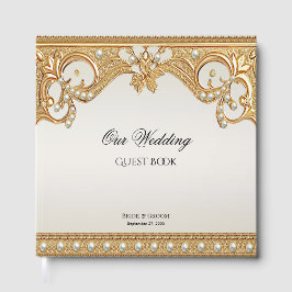 Libro de Invitados de Gold Ornate White Pearls