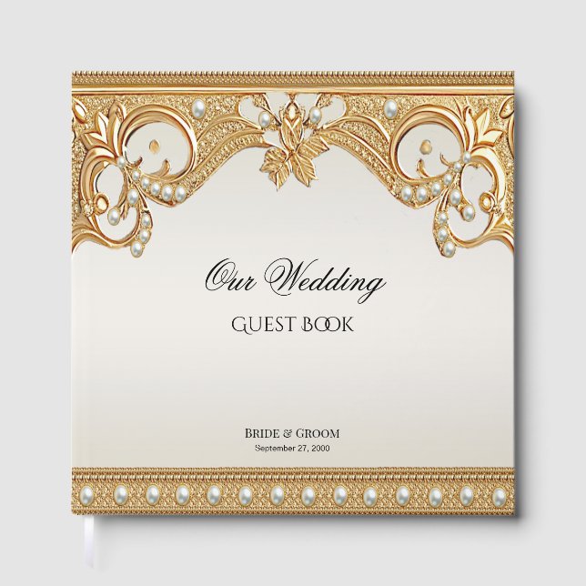 Libro de Invitados de Gold Ornate White Pearls (Anverso)