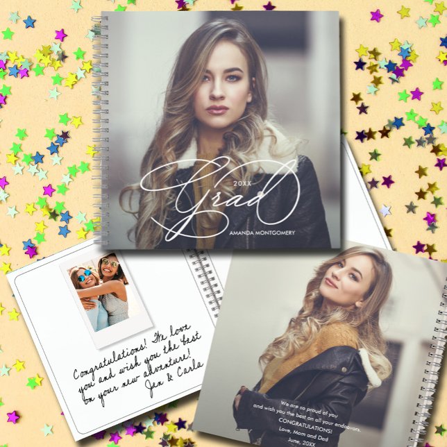 Libro de invitados de graduación de foto con guión (CHOOSE your page style, spine color, soft or hard cover and add a personal message on the back.)