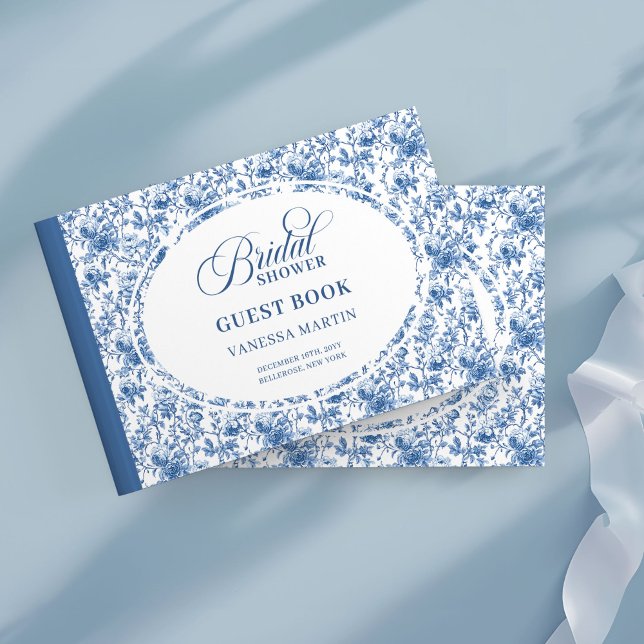Libro de invitados de la ducha de la novia de Toil (Elegant Navy Toile Roses Bridal Shower Guest Book Log

)