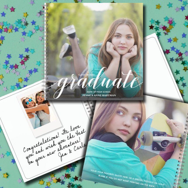 Libro de invitados de la fiesta de graduación de f (CHOOSE your page style, spine color, soft or hard cover and add a personal message on the back.)