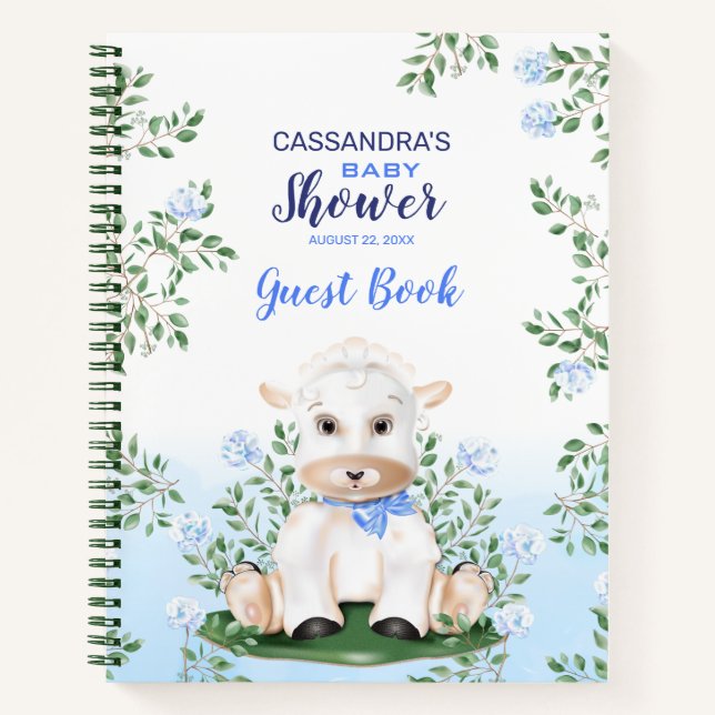 Libro de invitados de Lamb Blue Floral Baby Shower (Anverso)