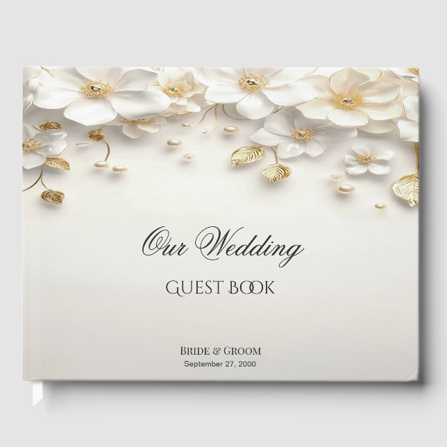 Libro de invitados de Marfil White Floral Gold (Anverso)
