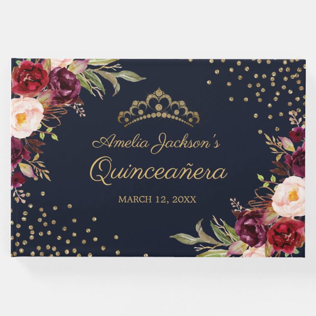 Libro de invitados de Navy Burgundy Floral Quincea (Anverso)