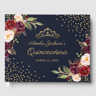 Libro de invitados de Navy Burgundy Floral Quincea