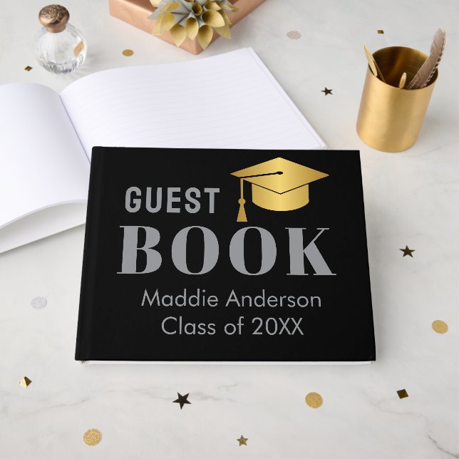 Libro de invitados de nombre personalizado negro (Anverso Abierto)