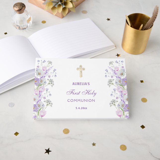 Libro de invitados de Primera Comunión de Flores d (Anverso Abierto)