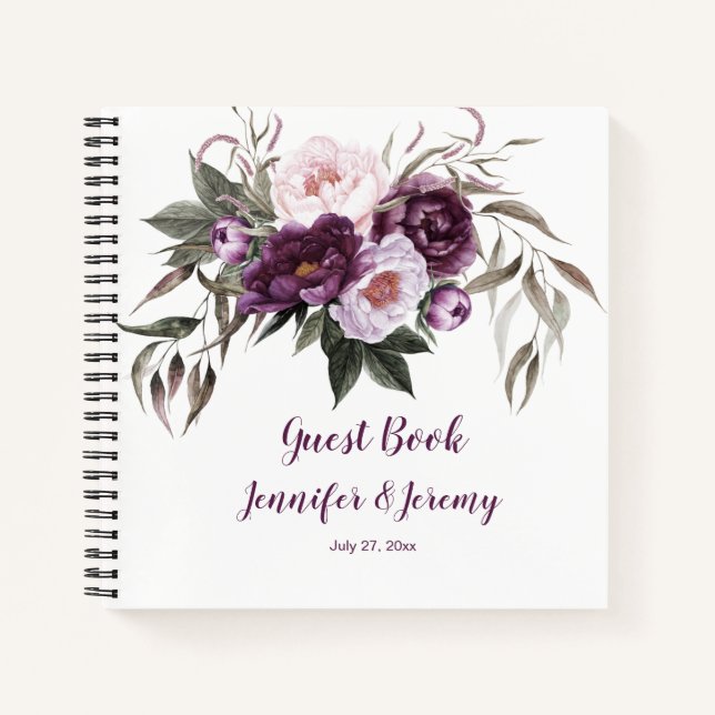 Libro de invitados de Purple Plum Pink Peonies Gre (Anverso)