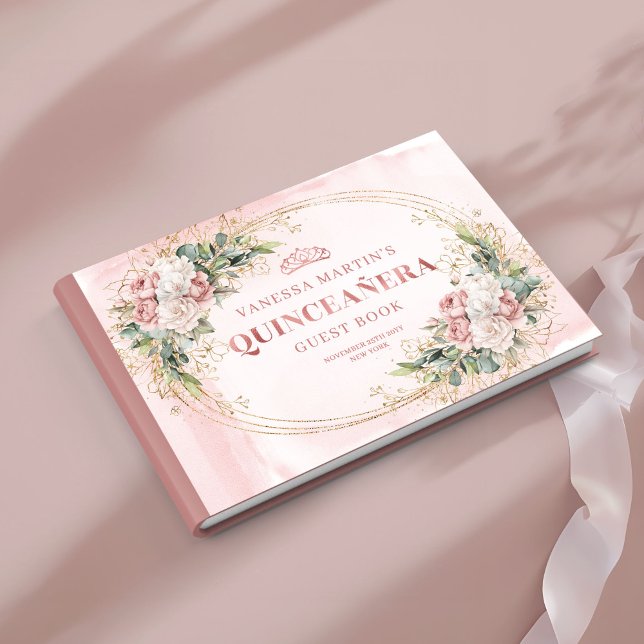 Libro de invitados de quince años romántico con fl (Romantic Quince Guest Book with Blush Florals and Greenery)