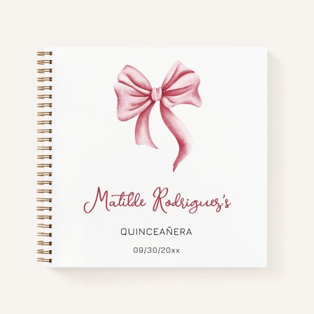Libro de invitados de Quinceañera con lazo rosa el (Anverso)