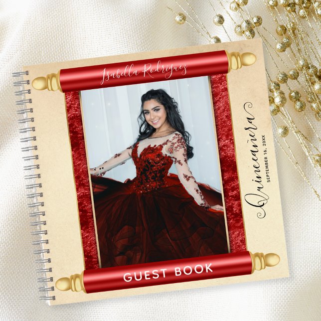 Libro de invitados de Quinceañera con presupuesto  (Red Scroll Photo Budget Quinceañera Guest Book)