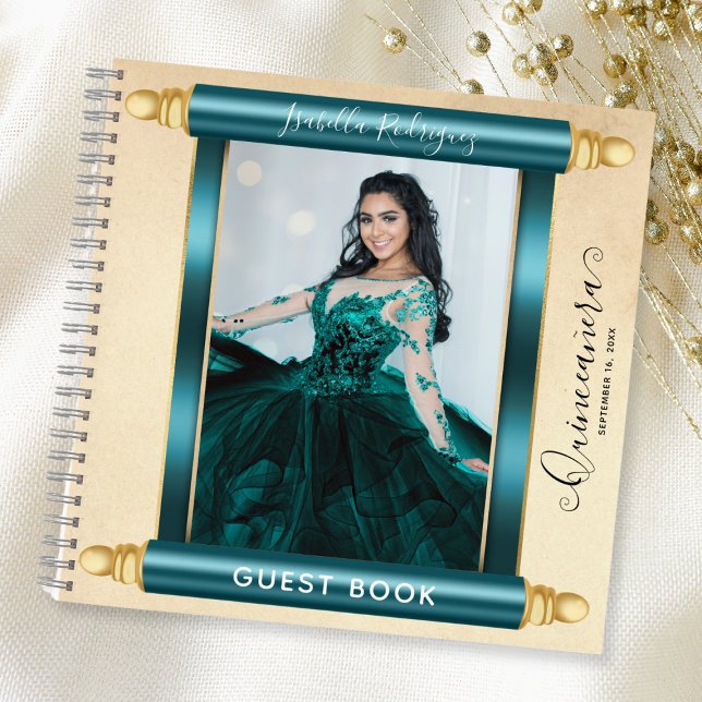 Libro de invitados de Quinceañera con presupuesto  (Teal Scroll Photo Budget Quinceañera Guest Book)