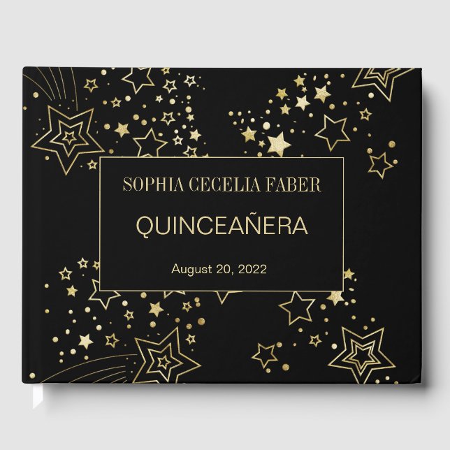 Libro de invitados de Quinceanera en negro y oro (Anverso)