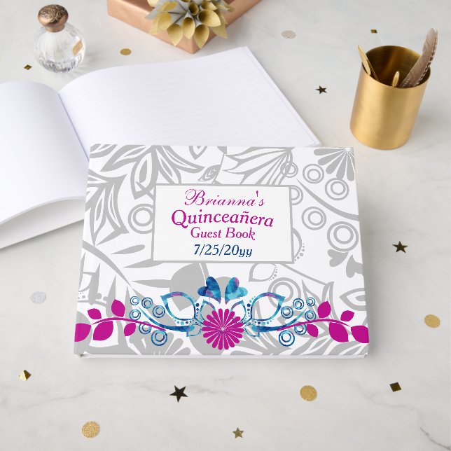 Libro de invitados de Quinceañera rosa, azul, gris (Anverso Abierto)