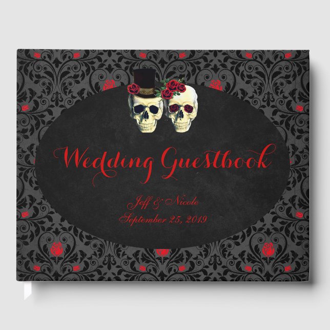 Libro de invitados de Red Bride Groom Skulls Boda (Anverso)