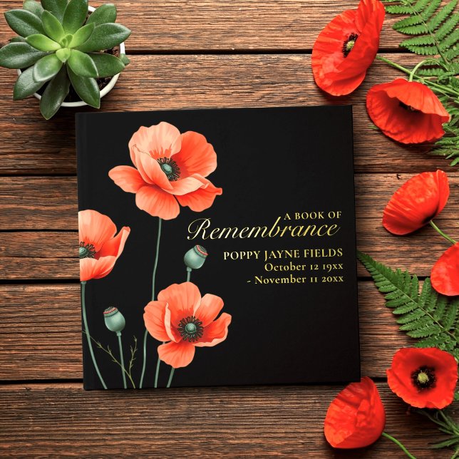 Libro de invitados de Relieve metalizado cuadrado  (Poppy Book of Remembrance with space for your details)