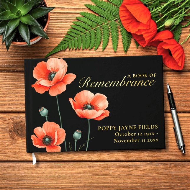 Libro de invitados de Relieve metalizado funeral d (Poppy Book of Remembrance with space for your details)