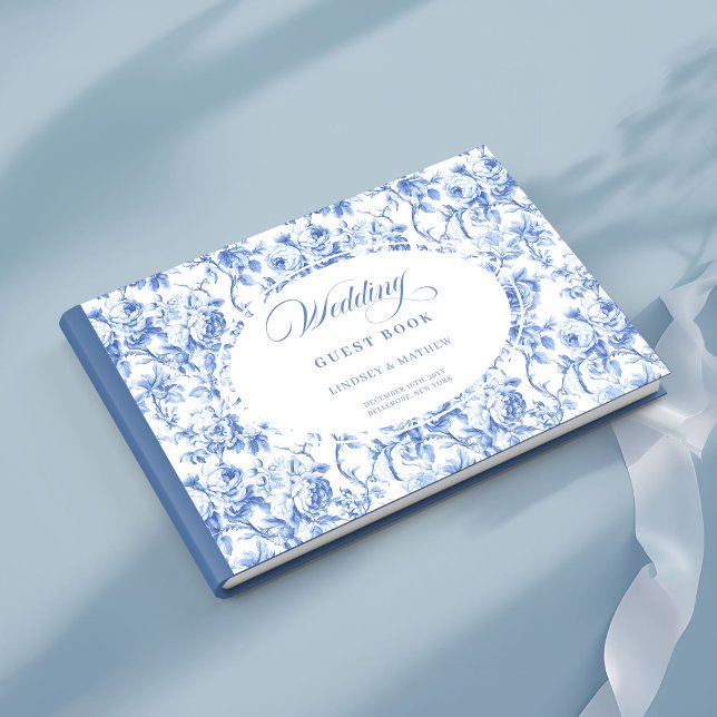 Libro de invitados de rosas azules elegantes toile (Elegant Blue Roses French Toile Guest Book)