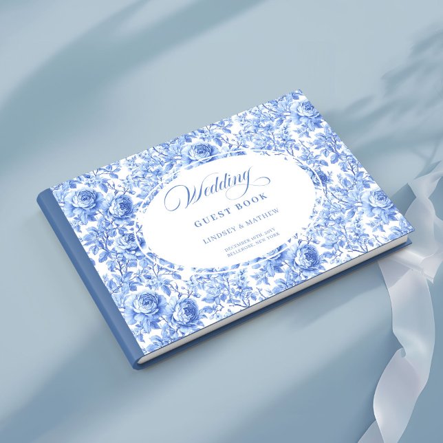 Libro de invitados de rosas florales de toile de N (Romantic Navy Roses Floral Toile Guest Book)