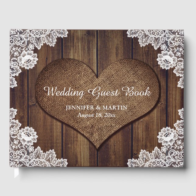 Libro de invitados de Rustic Wood and Lace Boda (Anverso)