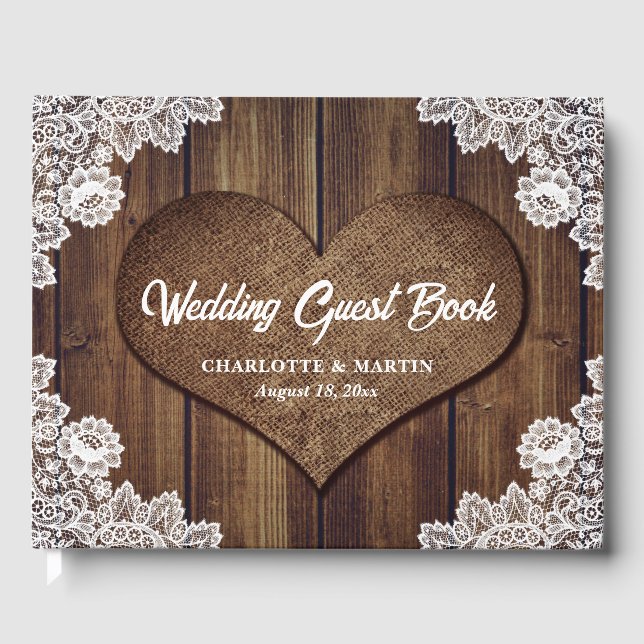 Libro de invitados de Rustic Wood and Lace Boda (Anverso)