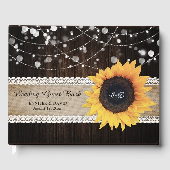 Libro de invitados de Rustic Wood Burlap Sunflower (Anverso)