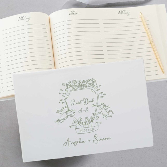 Libro de invitados de Sage Green Escudo dibujado p (sage green vintage crest wedding guest book features hand drawn cherub illustration )