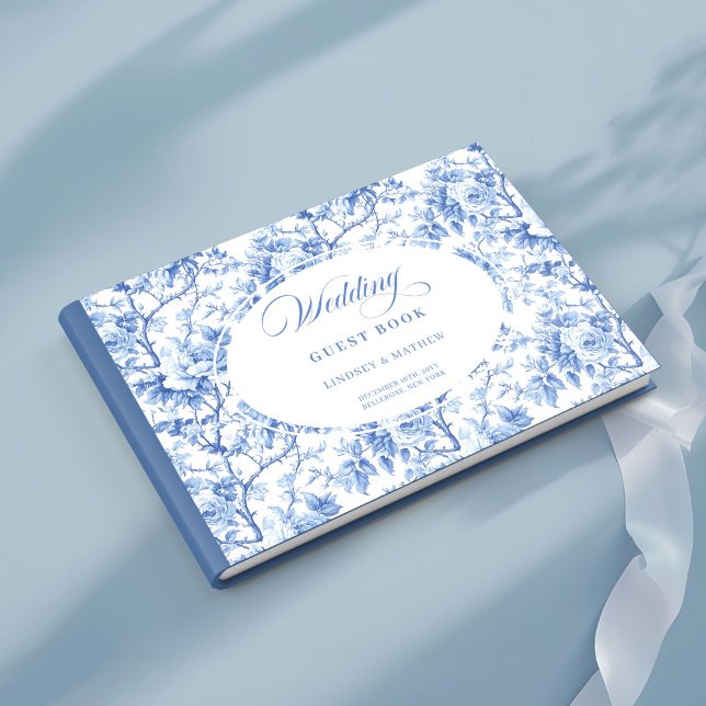 Libro de invitados de toile de rosas azul navy chi (Chic Navy Blue Floral Toile Roses Guest Book)
