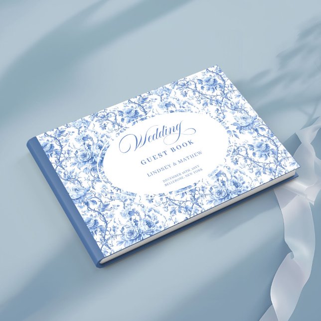 Libro de invitados de toile francés de rosas azule (Luxury Deep Blue Roses French Toile Guest Book)