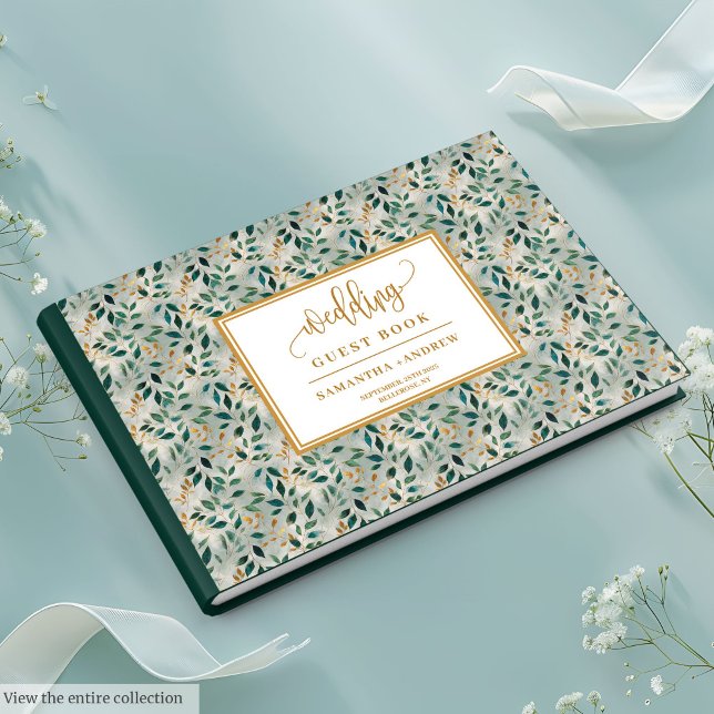 Libro De Invitados Del Boda Botánico Green And Gol (Botanical Forest Green And Gold Wedding Guest Book)