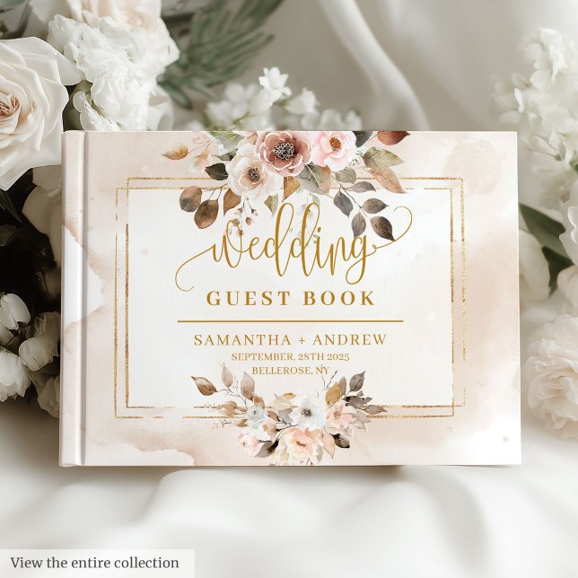 Libro de invitados del Boda del marco dorado en po (Classic Powder Pink Gold Frame Wedding Guest Book)