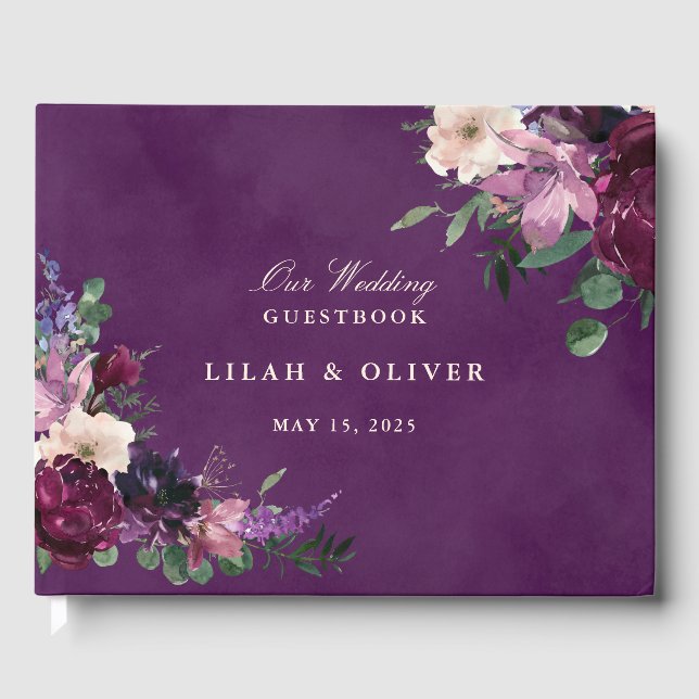 Libro de invitados Eggplant Purple Floral Boda (Anverso)