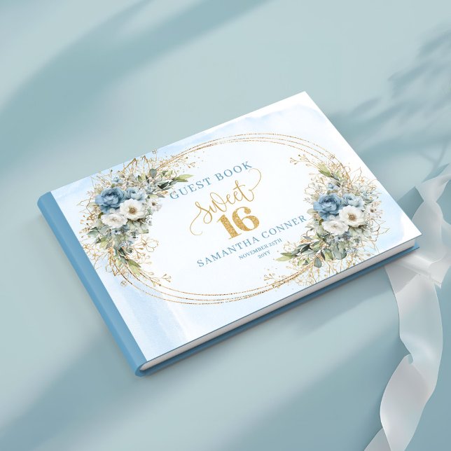 Libro de invitados encantador polvoriento azul flo (Enchanting Dusty Blue Floral Sweet 16th Guest Book)