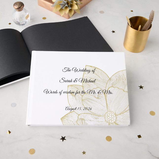 Libro de Invitados Floral con Línea de Oro Elegant (Anverso Abierto)