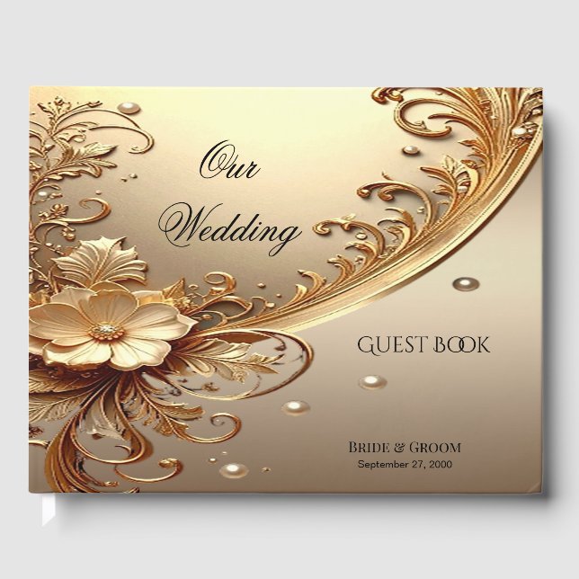 Libro de Invitados Floral Dorado Ornamentado (Anverso)